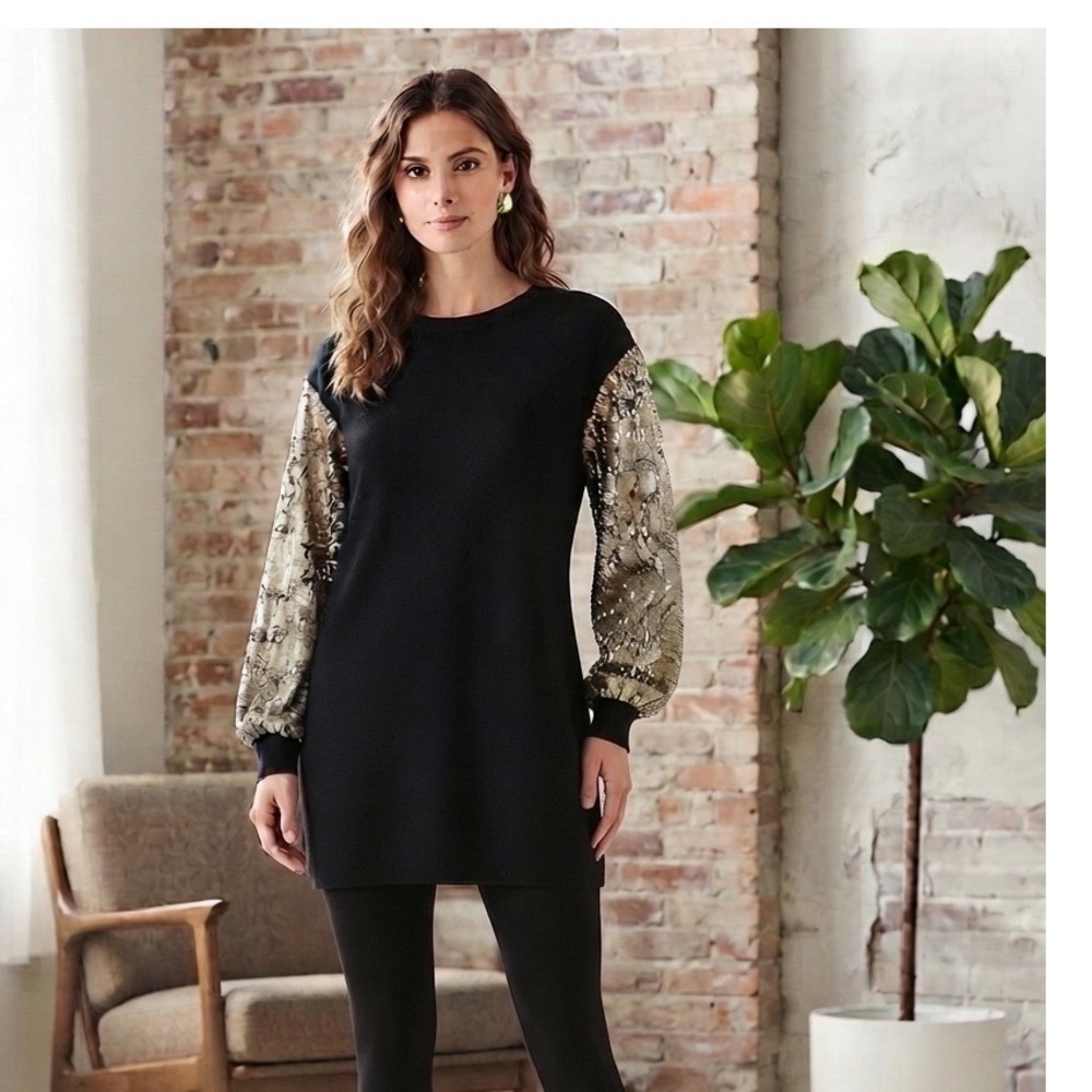 12PM‎ by Mon Ami Black Tunic Sweater Gold Sequin Balloon Sleeve Small Holiday